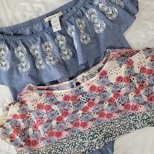 Pair 2 American Rag Blouses Blue Pink Ruffled Embroidered Spring Peasant Size S